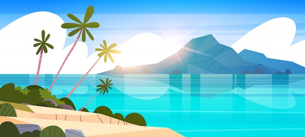 Bella spiaggia tropicale della spiaggia di estate del paesaggio con l&#39;illustrazione esotica della località di soggiorno della palma