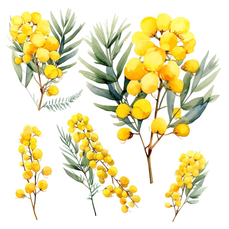 Vettore belle acquerelli mimosa fiori clipart e foglie acquerelli elementi floreali