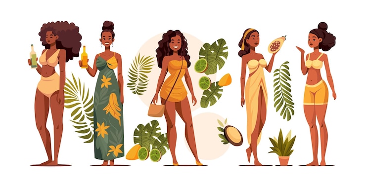 Vettore belle donne brasiliane che tengono bottiglie cosmetiche organiche e frutta esotica naturale concetto di cura della pelle