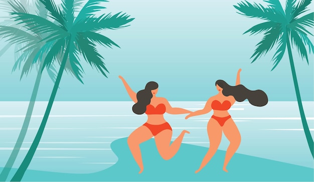 Belle donne in bikini che ballano felicemente sullo sfondo della spiaggia al tramonto. Vacanze estive e prendere il sole
