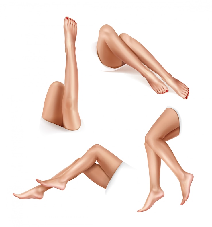 Vettore belle gambe femminili in varie posizioni. concetto di depilazione. illustrazione realistica isolata on white