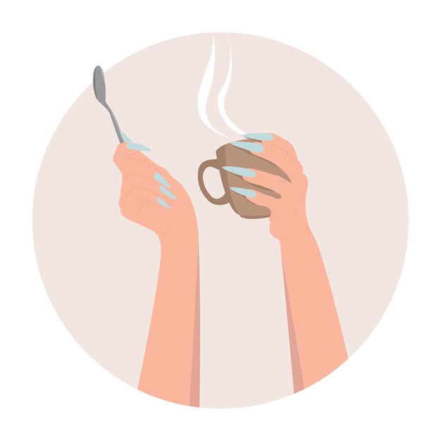 Belle mani con lunghe unghie blu tengono una tazza di caffè o tè e un cucchiaio illustrazione vettoriale
