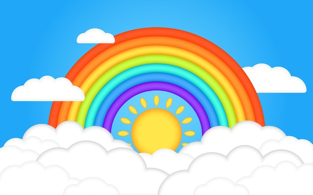 Belle nuvole estive 3d nel cielo blu con arcobaleno 3d realistico e sole. Illustrazione dei bambini