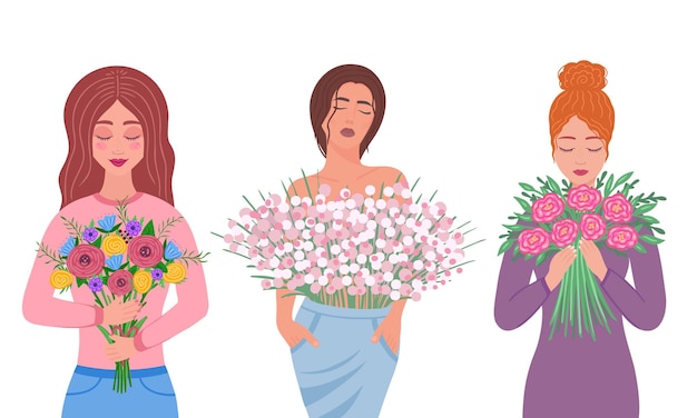 belle ragazze con un bouquet di fiori illustrazione disegnata a mano