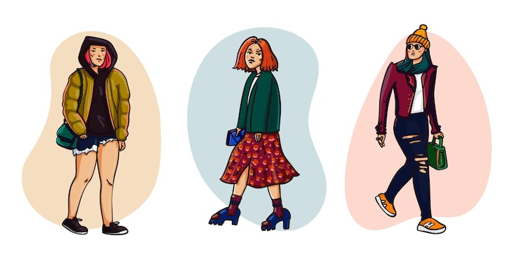 Vettore belle ragazze in abiti alla moda di strada