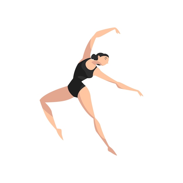 Bellissima ballerina sottile che balla in body nero professionista ballerino vettoriale illustrazione isolato su sfondo bianco