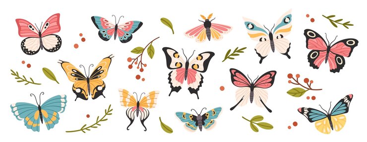 Vettore bellissime farfalle farfalle color cartone animato falene estive in volo bellissimi insetti tropicali esotici con ali farfalle volanti set vettoriale isolato