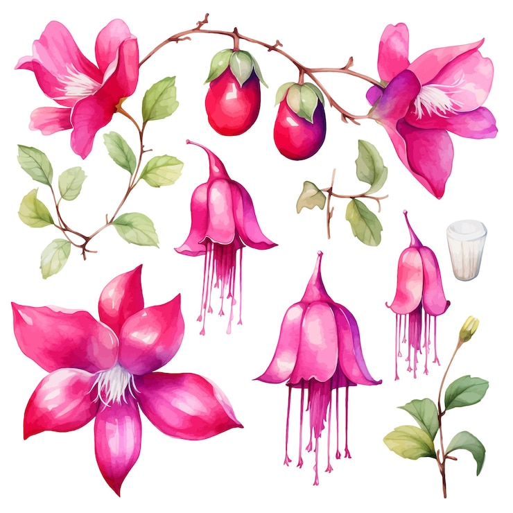 Vettore bellissimi acquerelli fiori di fucsia clipart e foglie elementi floreali acquerelli