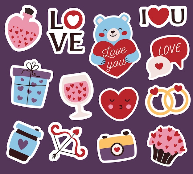 Bellissimi adesivi disegnati a mano per il giorno di San Valentino