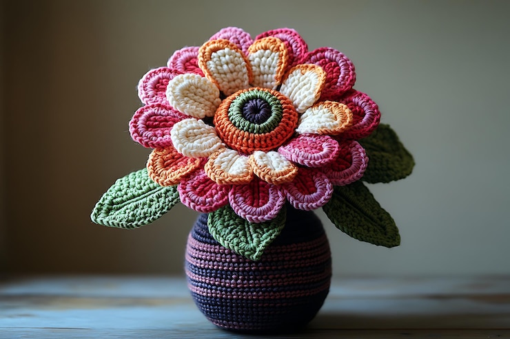 Vettore bellissimi fiori di lana fatti a mano con foglie e un vaso di fiori isolati su uno sfondo bianco