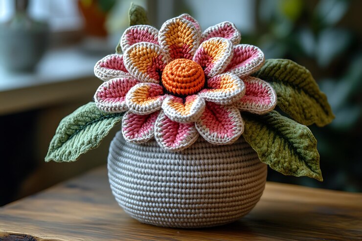 Vettore bellissimi fiori di lana fatti a mano con foglie in un vaso di fiori in lana isolato su uno sfondo bianco