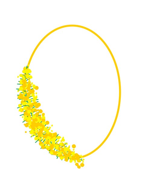 Bellissimi fiori gialli di acacia o foglie di infiorescenze su una cornice con linea dorata Decorazioni eleganti