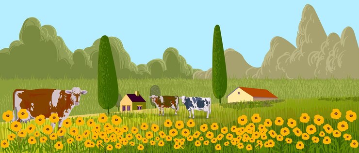 Vettore bellissimi fiori selvatici che fioriscono sul campo paesaggio sfondo di illustrazione vettoriale