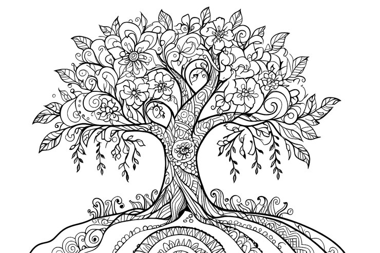 Bellissimo albero astratto per elementi di design e pagine di libri da colorare per adulti Illustrazione vettoriale