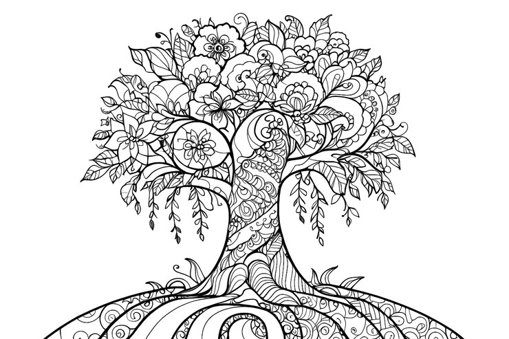 Bellissimo albero astratto per elementi di design e pagine di libri da colorare per adulti Illustrazione vettoriale