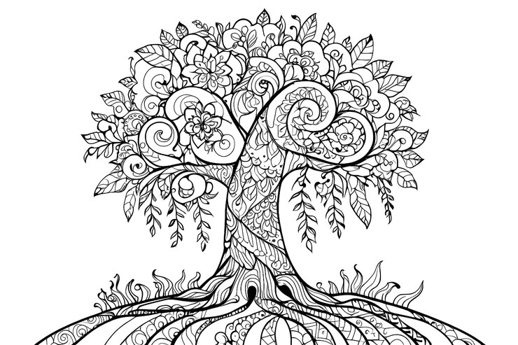 Bellissimo albero astratto per elementi di design e pagine di libri da colorare per adulti Illustrazione vettoriale