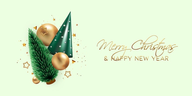 Bellissimo banner di Capodanno o Natale con realistico 3d albero di cono verde oro palle di Natale stella