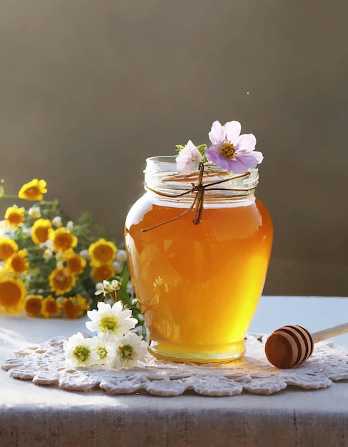 bellissimo barattolo di miele con fiori sul tavolo