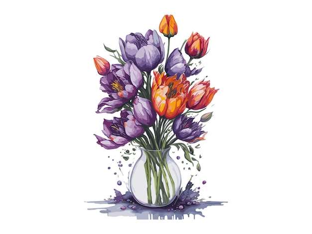 Bellissimo bouquet di tulipani Illustrazione vettoriale colorato acquerello bouquet di tulipani in un vaso di vetro