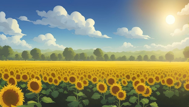 Bellissimo campo di girasoli durante il giorno con alberi illustrazione disegnata a mano dettagliata della pittura