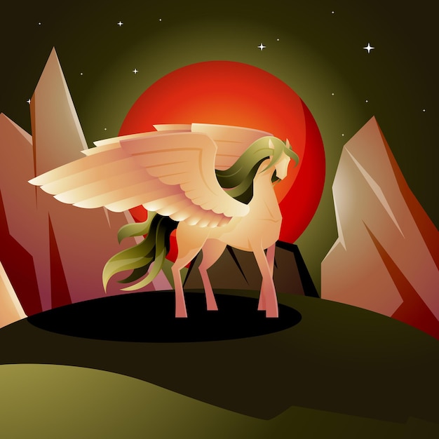 Bellissimo cavallo alato Pegasus con le ali spiegate nell'illustrazione epica della luna rossa