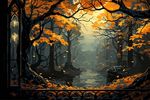 Bellissimo lago paesaggio foresta paesaggio illustrazione paesaggio autunno bellissimi alberi colorati