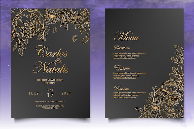Bellissimo modello di invito a nozze con decorazioni floreali dorate