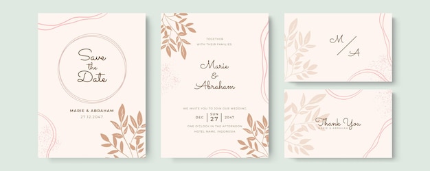 Bellissimo modello di invito a nozze con fiori disegnati a mano e foglie in colori pastello