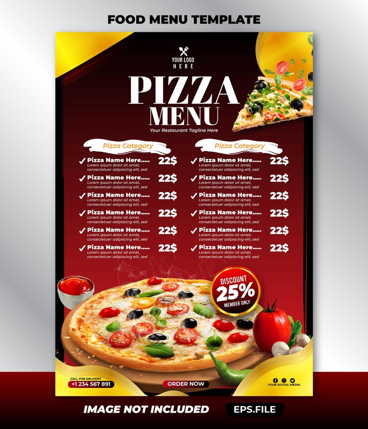 Vettore bellissimo modello di progettazione di menu di cibo modello di menu ristorante pizzeria 01