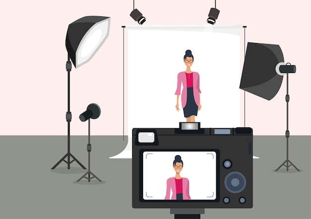 Bellissimo modello in studio fotografico di moda con mirino dietro l'immagine della fotocamera su sfondo bianco con luci luminose fumetto illustrazione stile piatto vettore