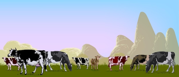 Bellissimo paesaggio agricolo con mucche disegno a mano schizzo illustrazione vettoriale animale villaggio vintage