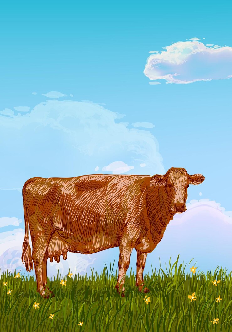 Vettore bellissimo paesaggio agricolo con mucche disegno a mano schizzo illustrazione vettoriale animale villaggio vintage