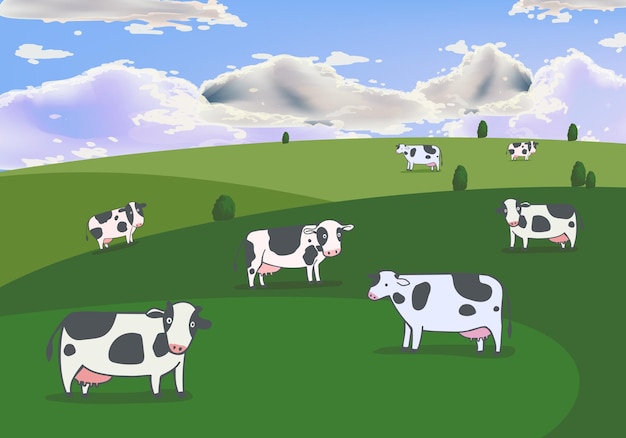 Bellissimo paesaggio agricolo con mucche disegno a mano schizzo illustrazione vettoriale animale villaggio vintage