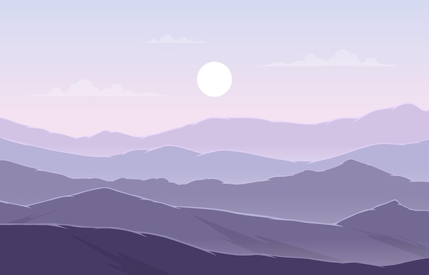 Bellissimo paesaggio di montagna in illustrazione piatto monocromatico viola