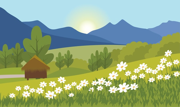 Bellissimo paesaggio naturale estivo a primavera con vista sulle colline e fiori in fiore al mattino
