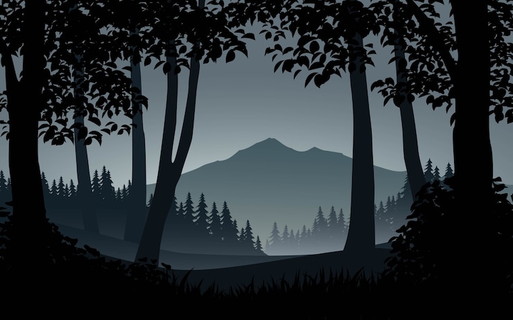 Vettore bellissimo paesaggio silhouette foresta con la montagna