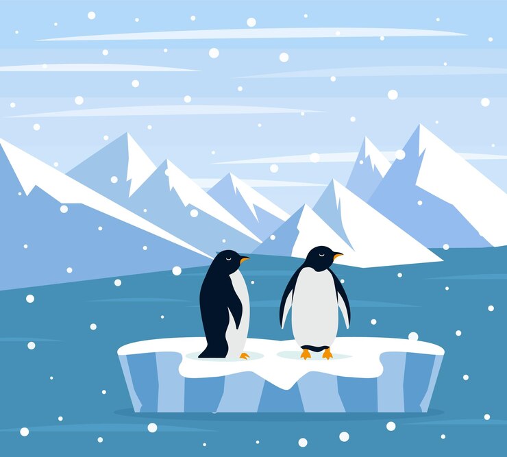 Vettore bellissimo panorama con il ghiacciaio naturale artico e con il gruppo di pinguini paesaggio panoramico del mare del nord o dell'oceano artico montagne innevate natura ghiacciata dell'antartide
