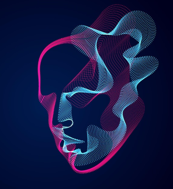 Bellissimo ritratto vettoriale del volto umano, illustrazione artistica della testa dell'uomo fatta di array di particelle punteggiate, intelligenza artificiale, interfaccia software di programmazione pc, anima digitale.