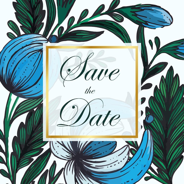 Bellissimo salva la data card con composizione di fiori disegnati a mano e cornice dorata.