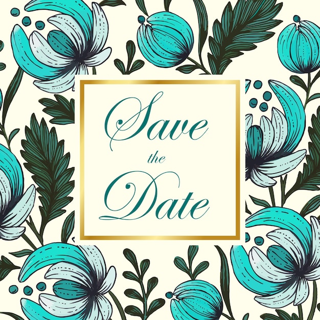 Bellissimo salva la data card con composizione di fiori disegnati a mano e cornice dorata.
