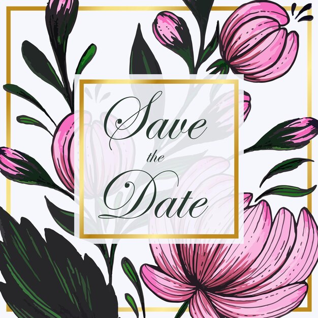 Bellissimo salva la data card con composizione di fiori disegnati a mano e cornice dorata