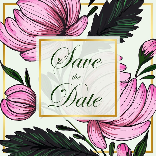 Bellissimo salva la data card con composizione di fiori disegnati a mano e cornice dorata.