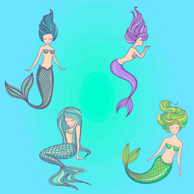 Bellissimo set di sirenetta Tema del mare della sirena Illustrazione vettoriale disegnata a mano