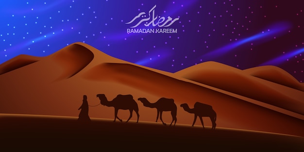 Bellissimo sfondo sul deserto con silhouette cammello che viaggiano di notte
