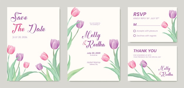 bellissimo vettore premium del modello di invito a nozze doppio lato tulipano rosa e viola