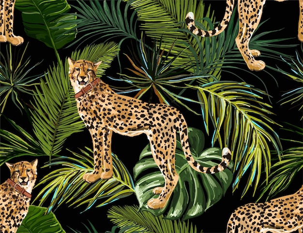 Bello fondo floreale senza cuciture del modello di estate con il leopardo delle foglie di palma tropicali