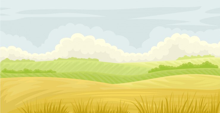Vettore bello paesaggio della natura, prato su un cielo blu nuvoloso, agricoltura e illustrazione dell'agricoltura su un fondo bianco