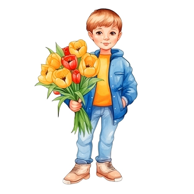 Bello ragazzino che tiene un mazzo di fiori in mano