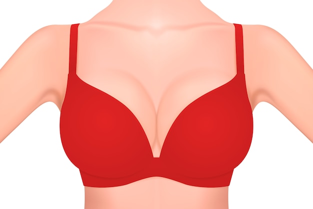 Bello seno femminile realistico in un primo piano rosso del reggiseno isolato su fondo bianco