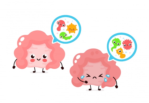 Bene microscopico e batteri, microflora, virus nell'intestino. personaggio dei cartoni animati icona illustrazione piatta. Microflora intestinale umana, probiotici. Apparato digerente o canale alimentare
